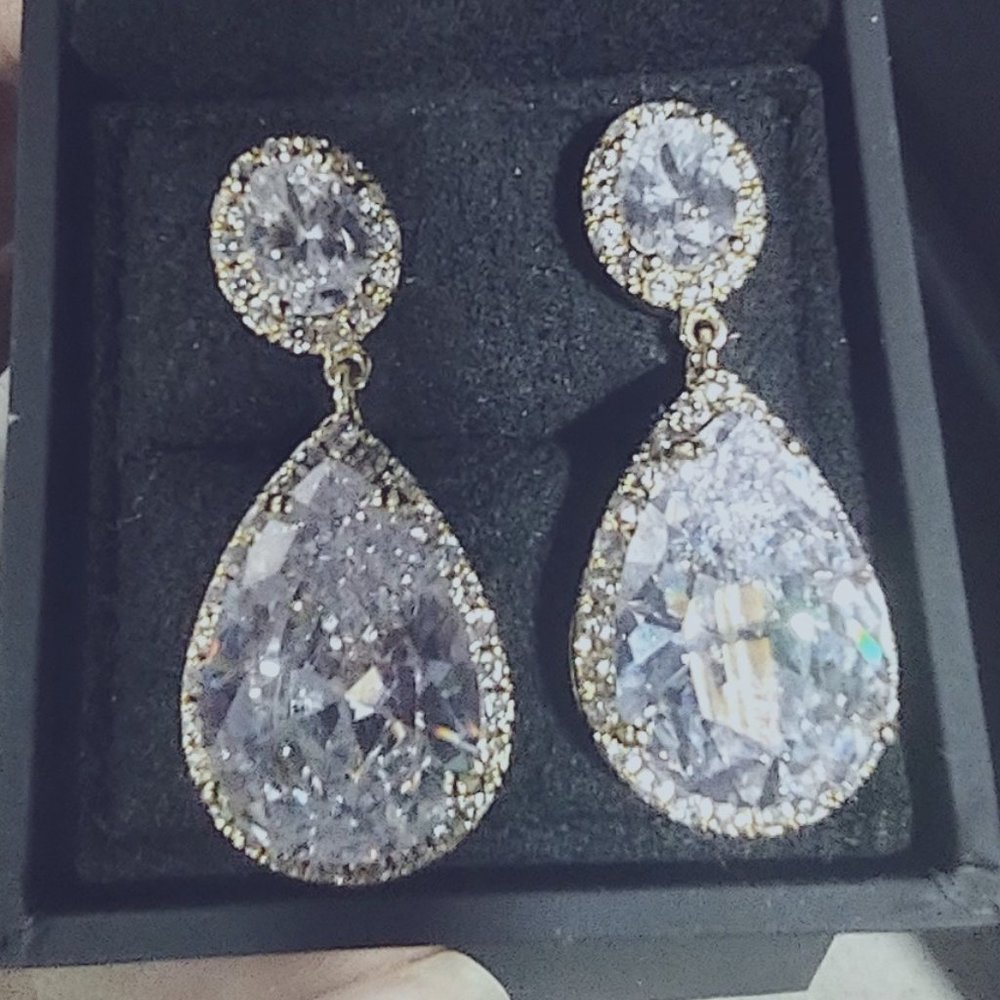 CZ Rhodium Plated Double Teardrop Bridal Earrings CLIP ON
